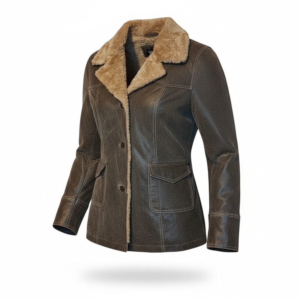 Black‎ Rivet Womens SM Distressed Brown Leather Faux Fur Lined Ranch Jacket Coat